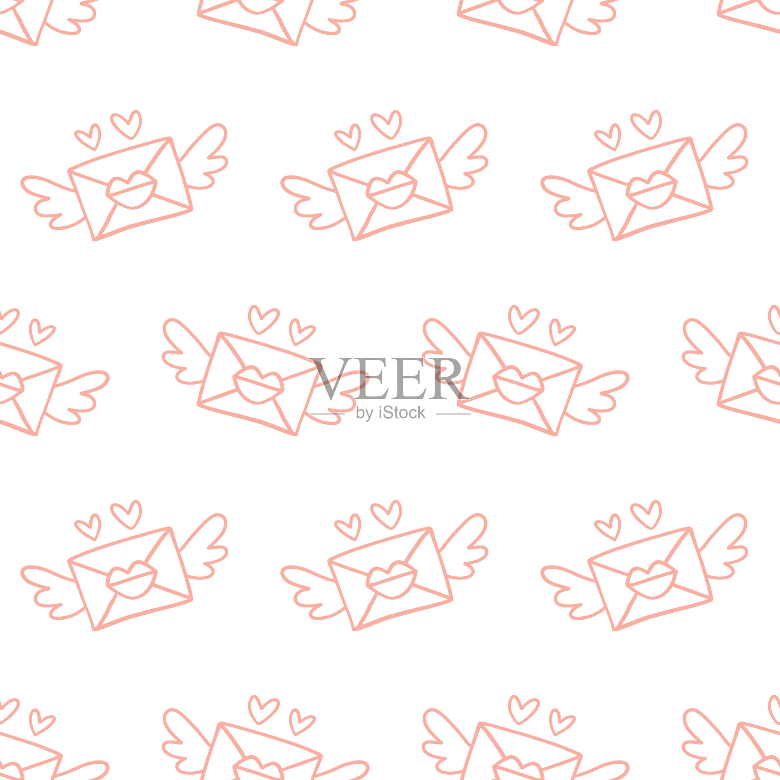 信封与心和翅膀，情书浪漫无缝图案，情人节背景纹理。壁纸，最小的纺织印花设计矢量插图插画图片素材