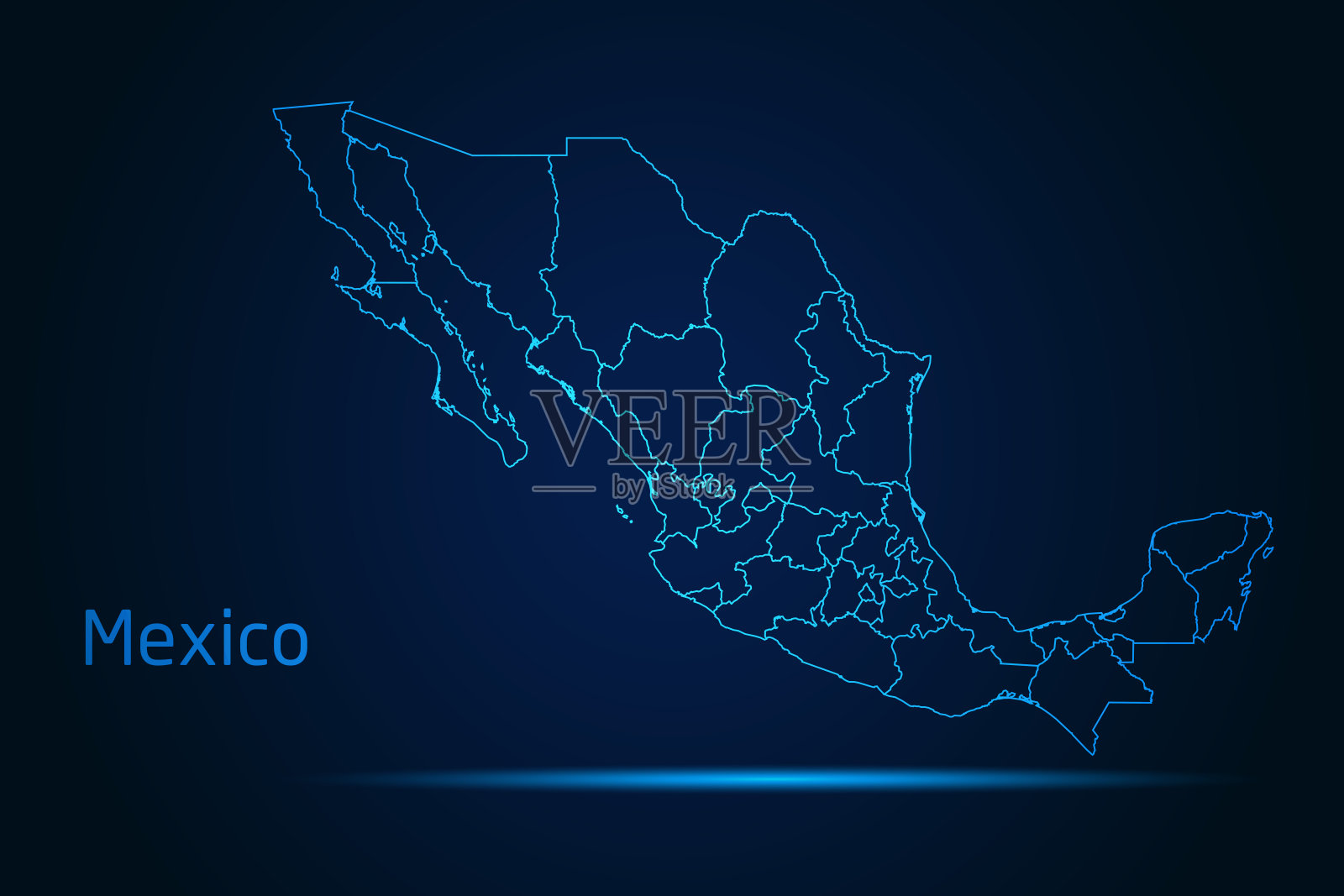 高详细辉光蓝色地图在黑暗背景的墨西哥地图符号为您的网站设计地图标志，应用程序，旅游。插画图片素材