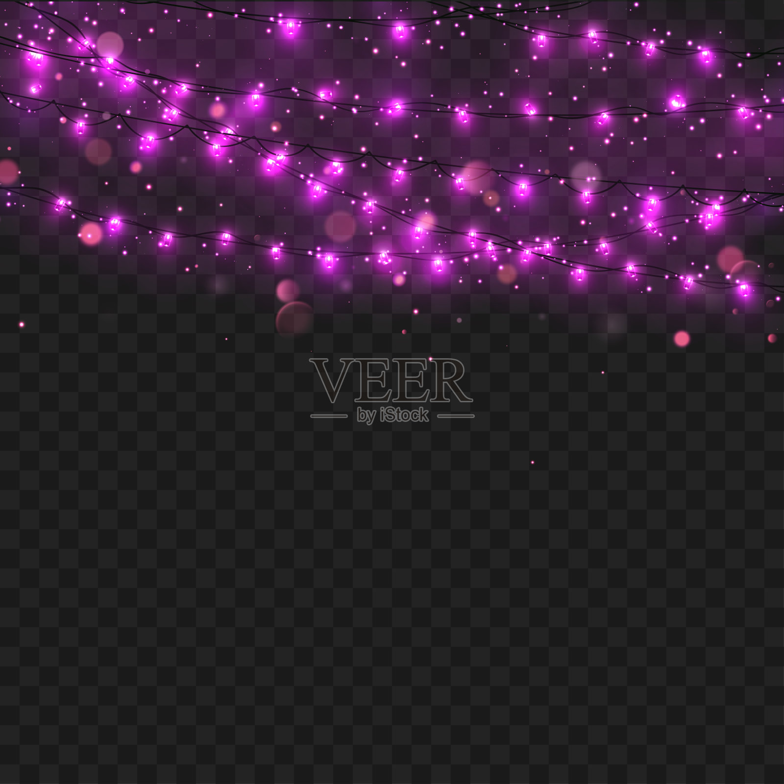 紫色的仙女灯在透明的背景上闪闪发光。向量插画图片素材