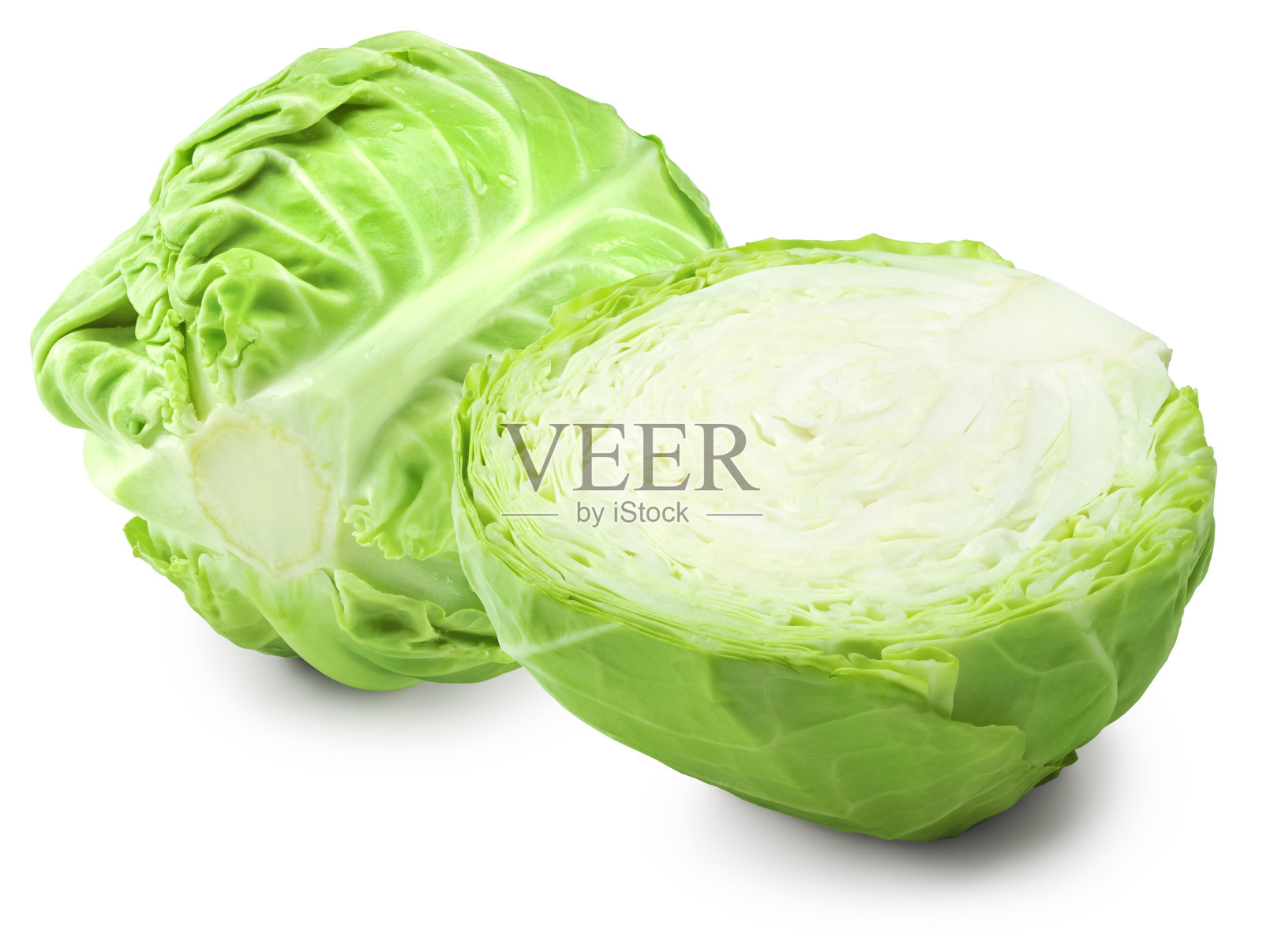 白色背景上的绿色卷心菜。剪切路径照片摄影图片