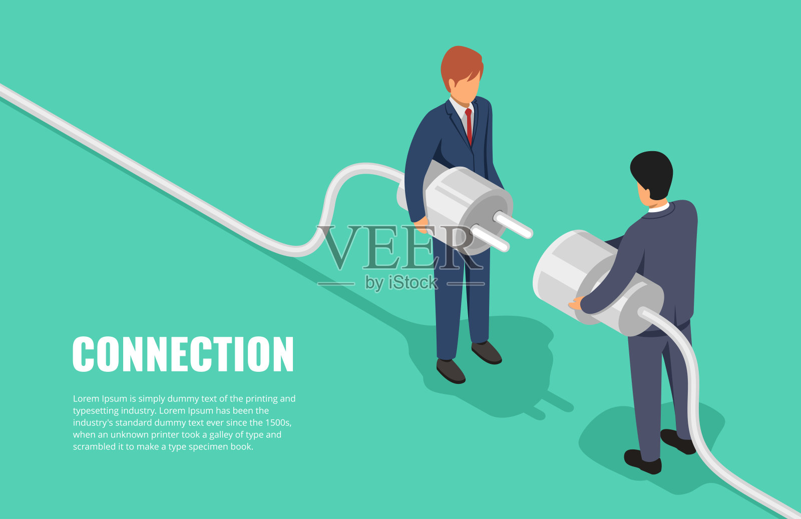 商人手里拿着插头和插座连接插画图片素材