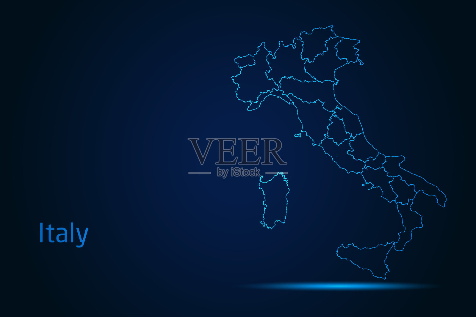 高详细辉光蓝色地图在黑暗背景的意大利地图符号为您的网站设计地图标志，应用程序，旅游。插画图片素材