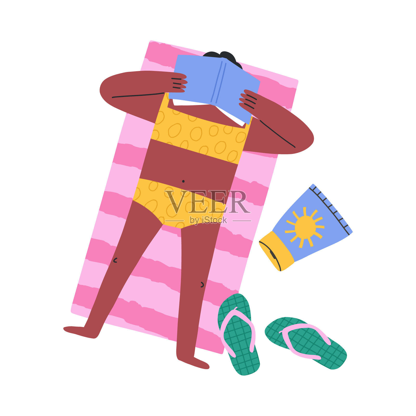 女性角色放松在沙滩上的书，卡通平面矢量插图孤立的白色背景。插画图片素材