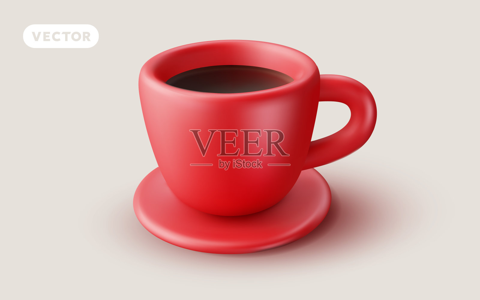 矢量插图现实的红色杯与咖啡在光的背景。三维风格设计的咖啡杯与陶瓷碟子插画图片素材