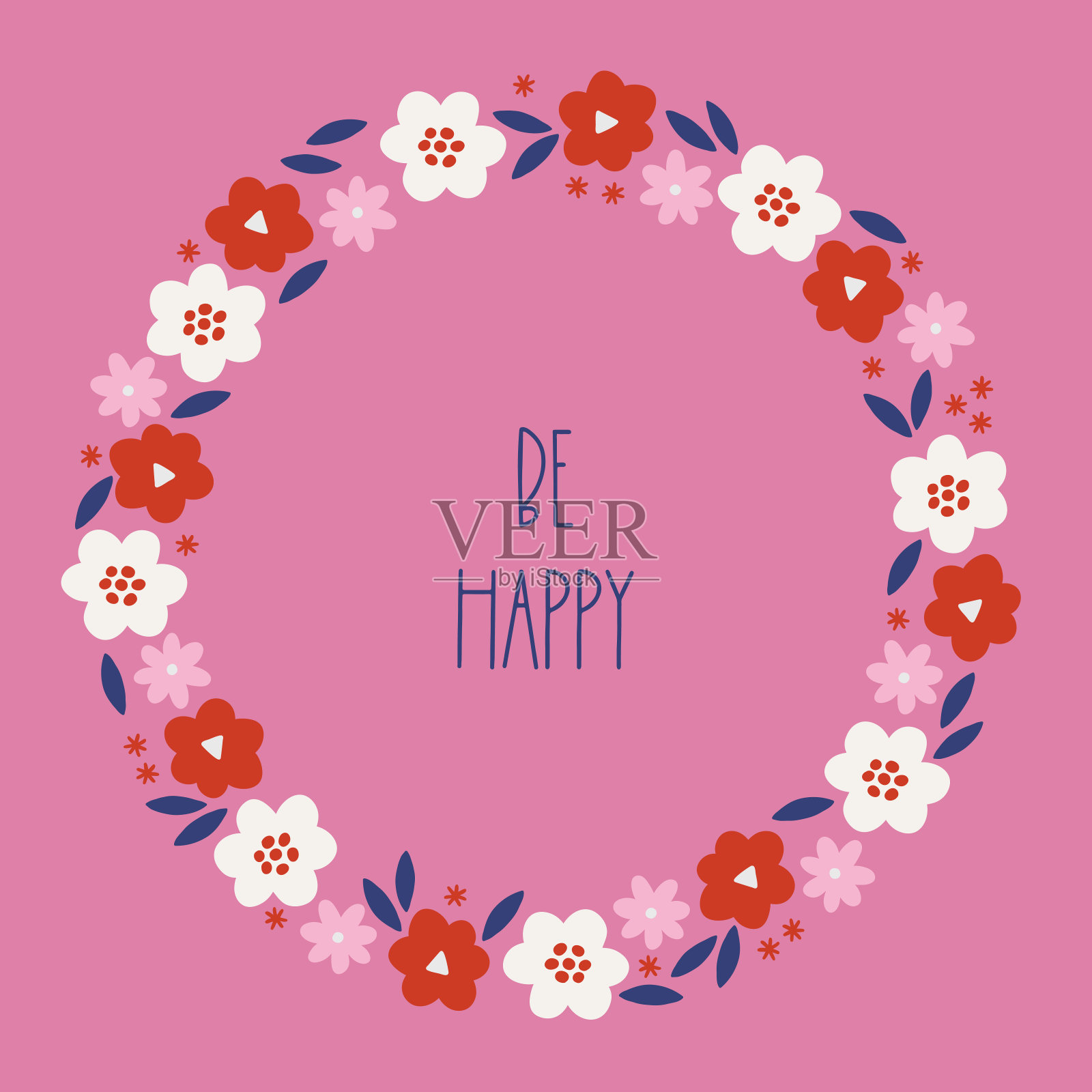 生日贺卡与鲜花和树叶在粉红色的背景插画图片素材