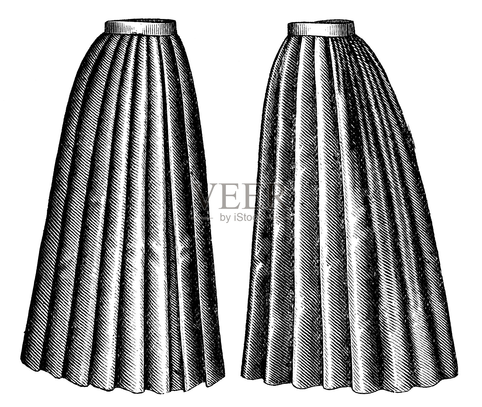 19世纪90年代维多利亚时代的时尚，女士百褶裙(前后)- 19世纪插画图片素材