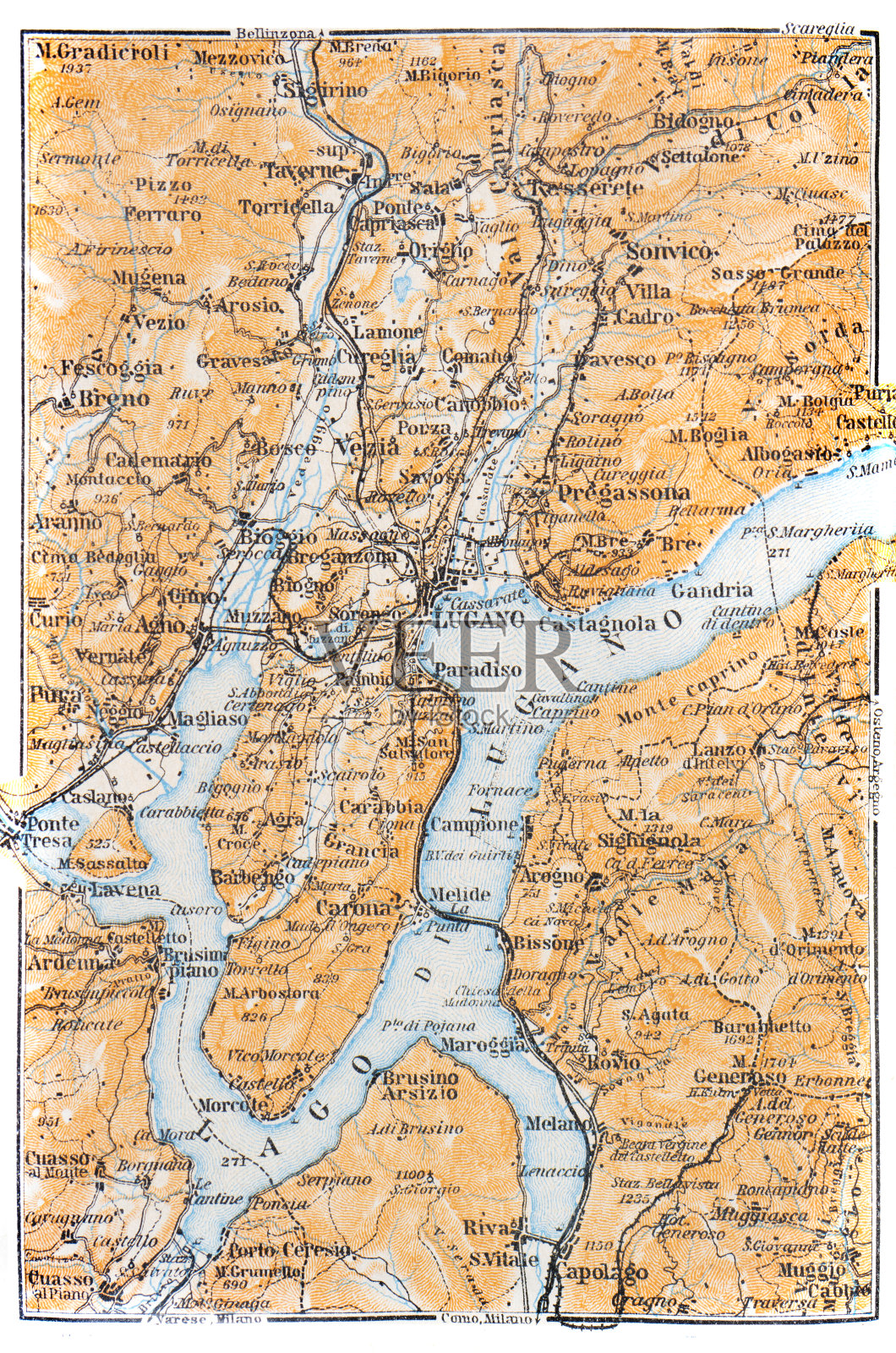 卢加诺湖地图，意大利- 1893年插画图片素材