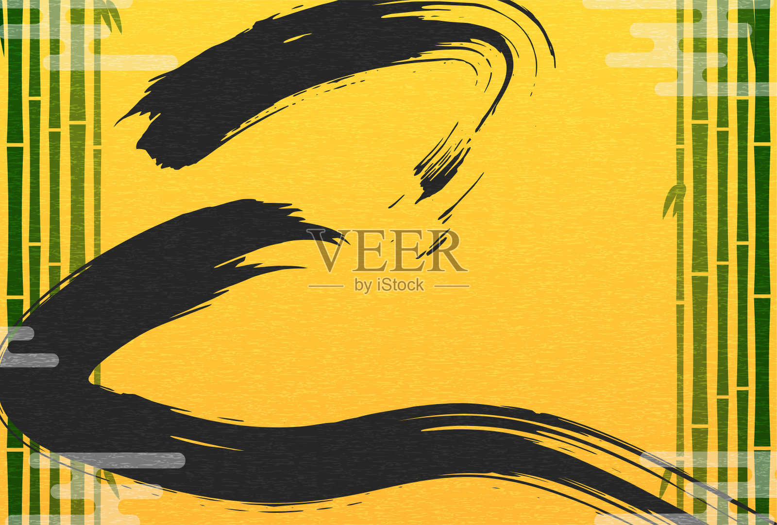 日式蛇年贺年卡2025，“蛇”字用竹林和笔触绘制插画图片素材