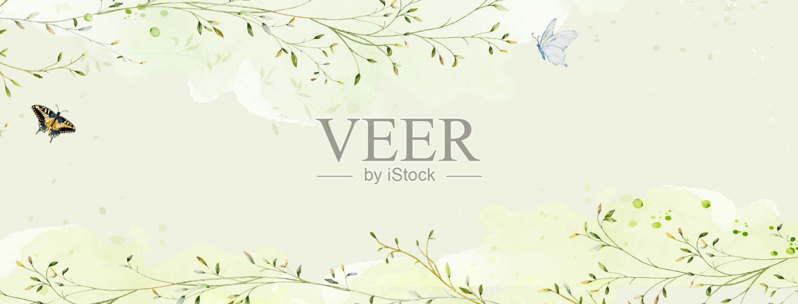 抽象水彩背景与植物和蝴蝶对水彩污渍插画图片素材