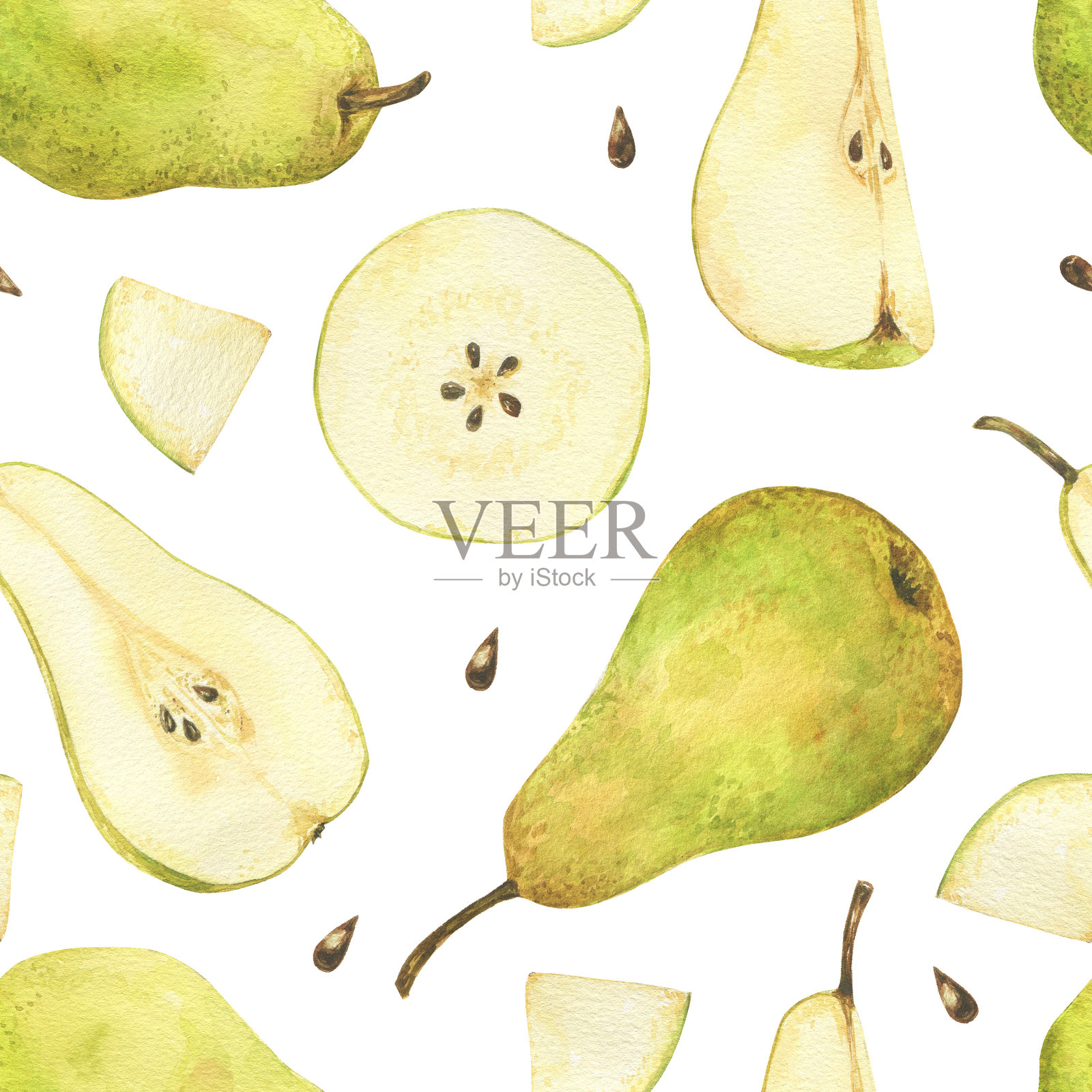 青梨、梨片和梨籽水彩无缝图案。手绘新鲜水果树和切片插图完美的纺织品，包装，菜单插画图片素材