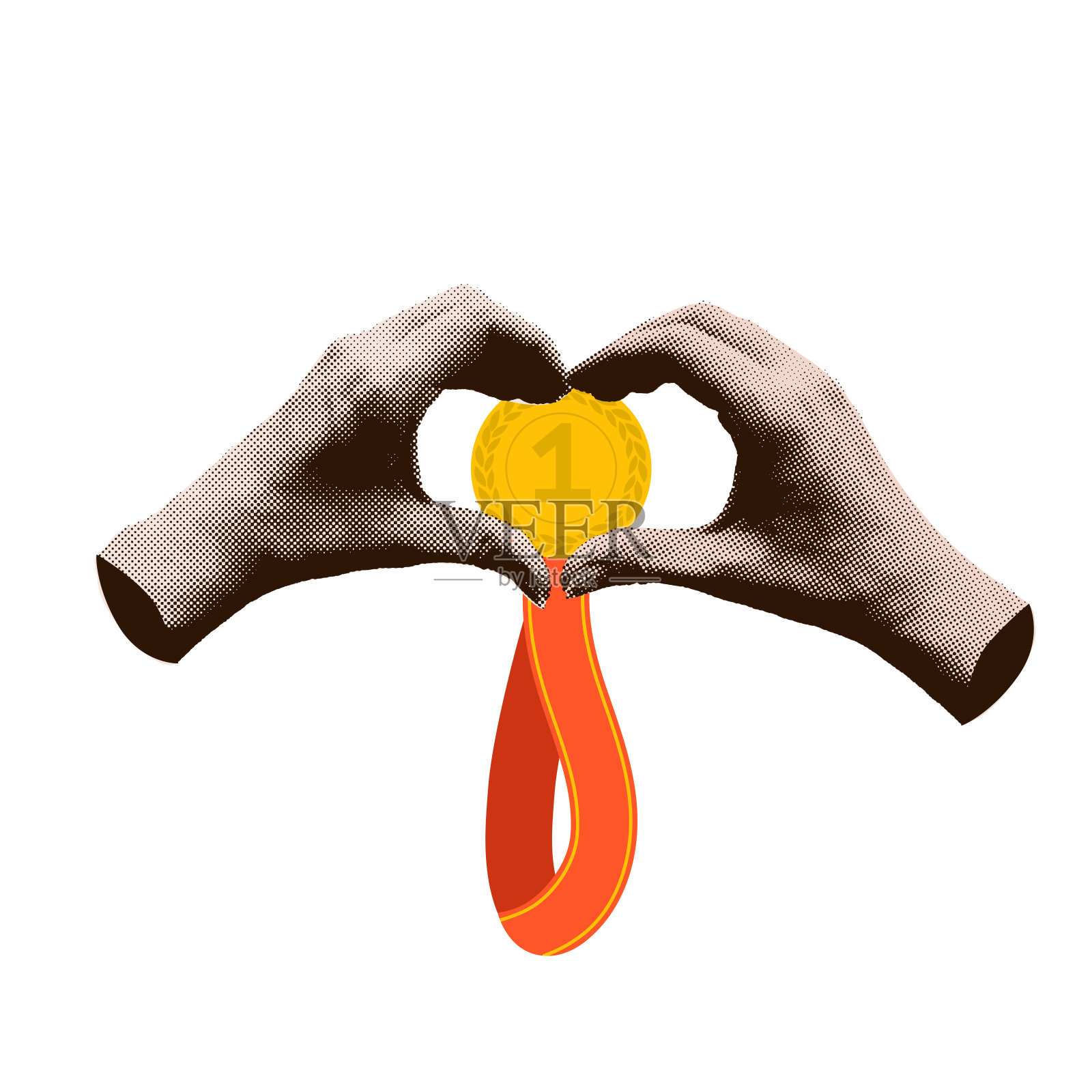 半色调拼贴手在心里的手势拿着第一名金牌。事业成功、运动胜利、目标成就孤立的概念。矢量插图隔离在透明的背景插画图片素材