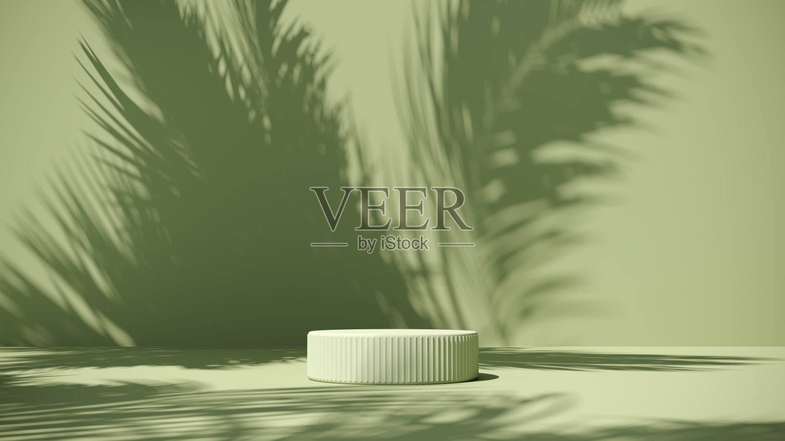 夏季的讲台，展示在绿色的草地与热带棕榈枝- 3d渲染。自然生态背景。照片摄影图片