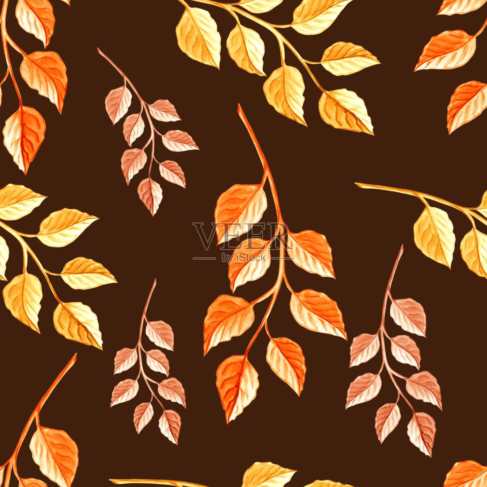 秋叶花纹无缝。秋叶植物背景图案填充。手绘水彩插图。感恩节的背景。模板墙纸，卡片，网站，封面，织物。插画图片素材