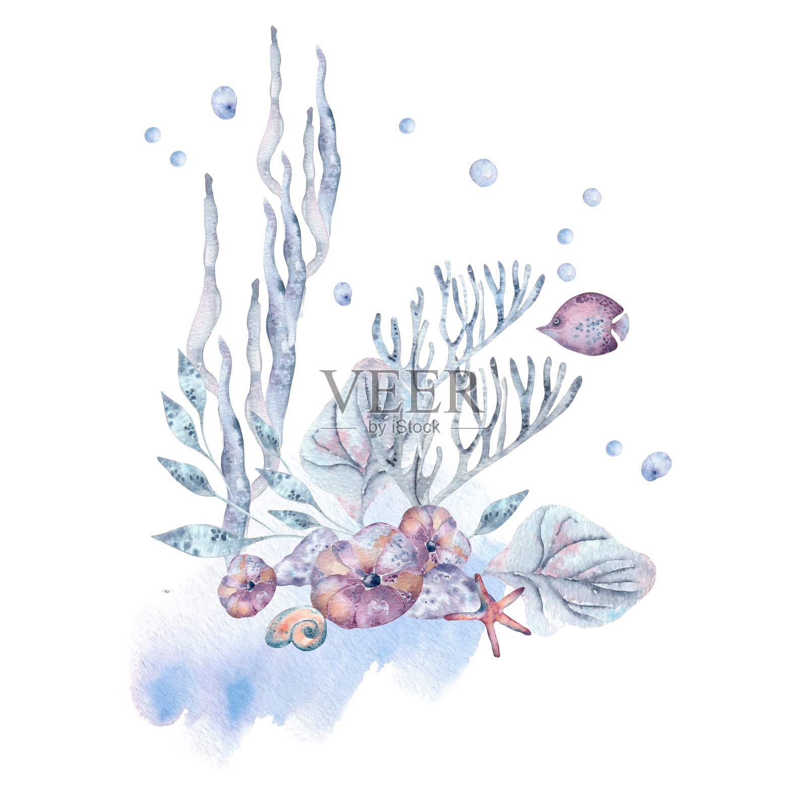 海藻景观单色与珊瑚、鱼类、海洋植物的水彩污渍分离。海洋花束与海星和幻想植物在淡蓝色和粉红色色调手绘。航海的设计插画图片素材