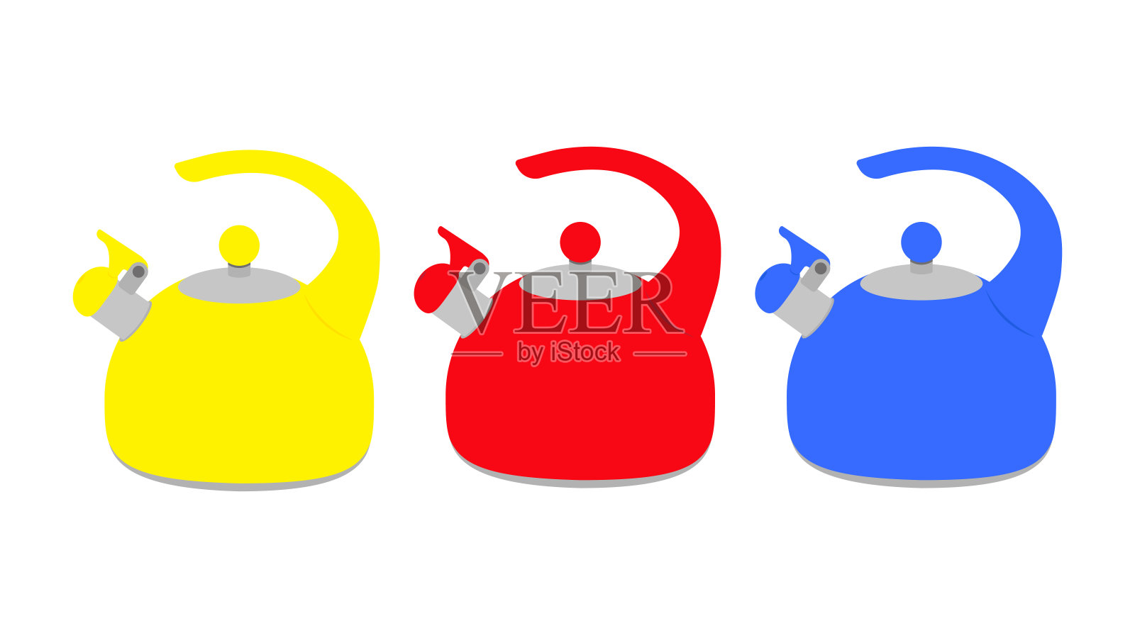 紫砂壶一套有黄、红、蓝三种颜色的明亮茶壶带哨子的矢量水壶。插画图片素材