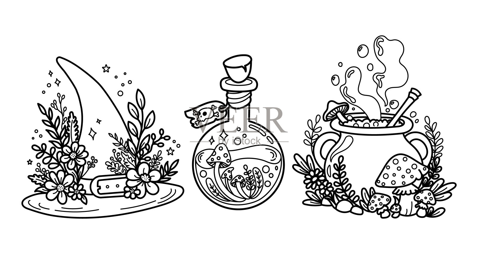 矢量插图的一个女巫的帽子，魔药瓶，和大锅，由神奇的植物和蘑菇包围。插画图片素材