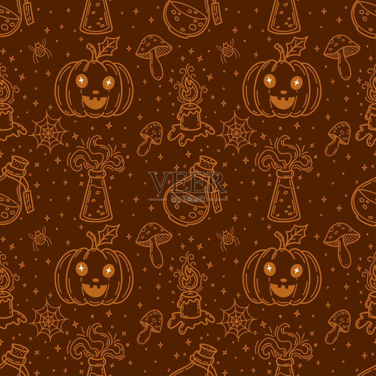 可爱的手绘无缝图案万圣节，南瓜，飞木耳，蜘蛛，蜘蛛网的彩色背景。适合横幅，壁纸，纺织品，万圣节包装-矢量设计插画图片素材