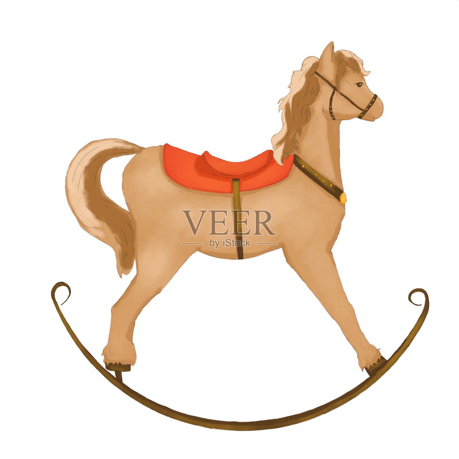 圣诞玩具棕色摇马与红鞍和红毯，与棕色皮带和马镫数字水彩插图用于印刷和网页插画图片素材
