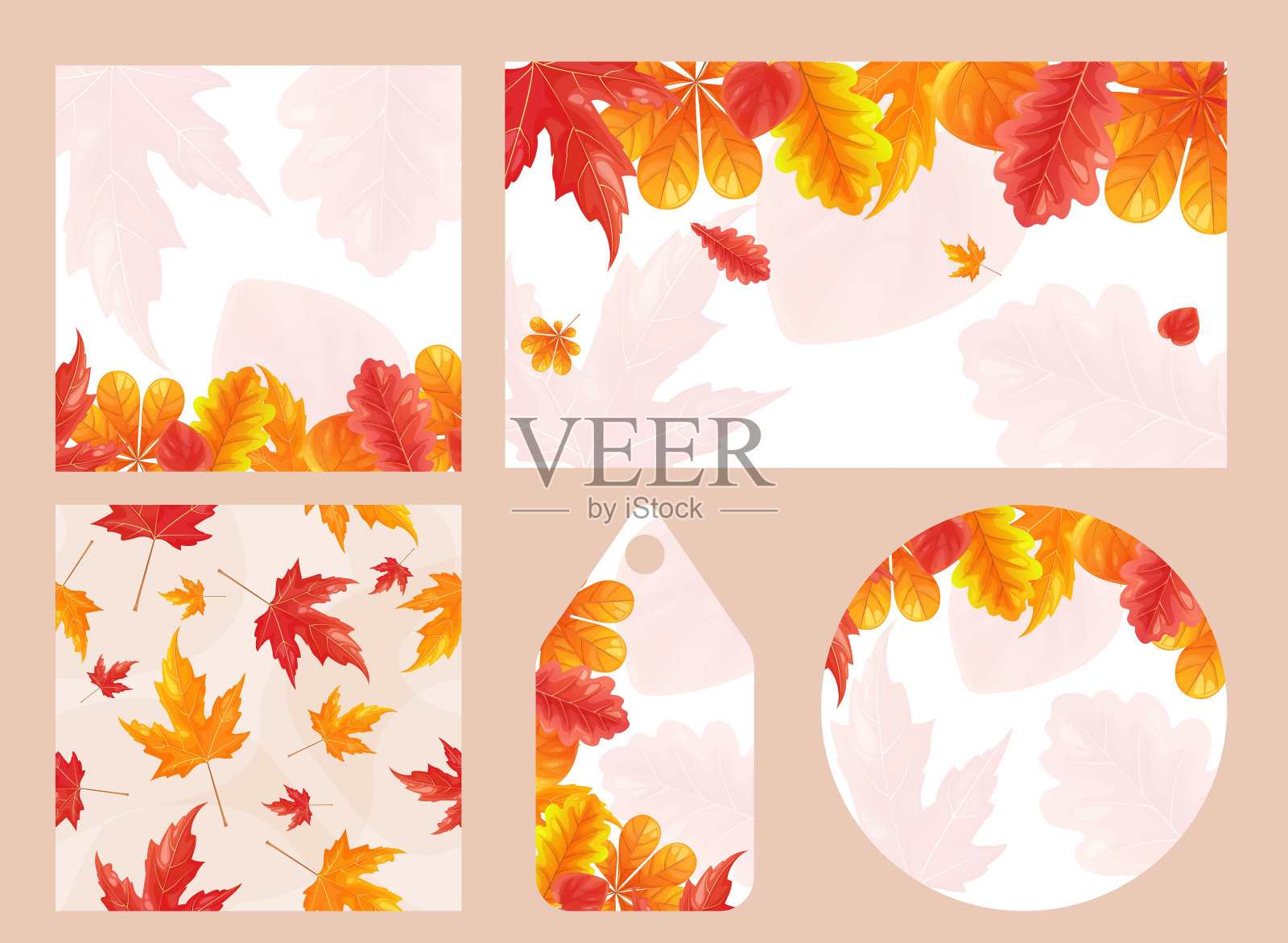 品牌页面包装套装。秋天的背景设置的帖子，水平横幅，标签，贴纸，圈子，折扣插画图片素材