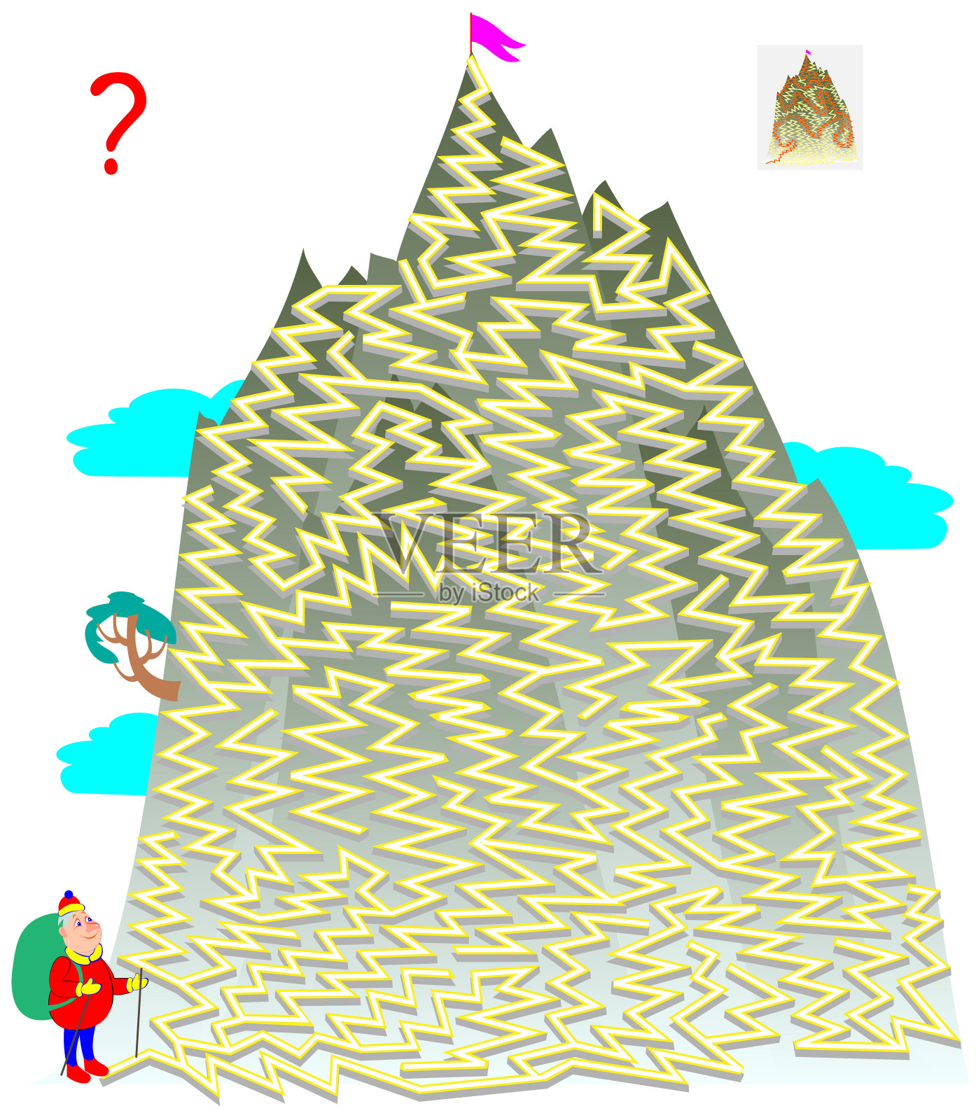 逻辑益智游戏与迷宫为儿童和成人。帮助游客找到通往山顶的路。矢量卡通图像。插画图片素材