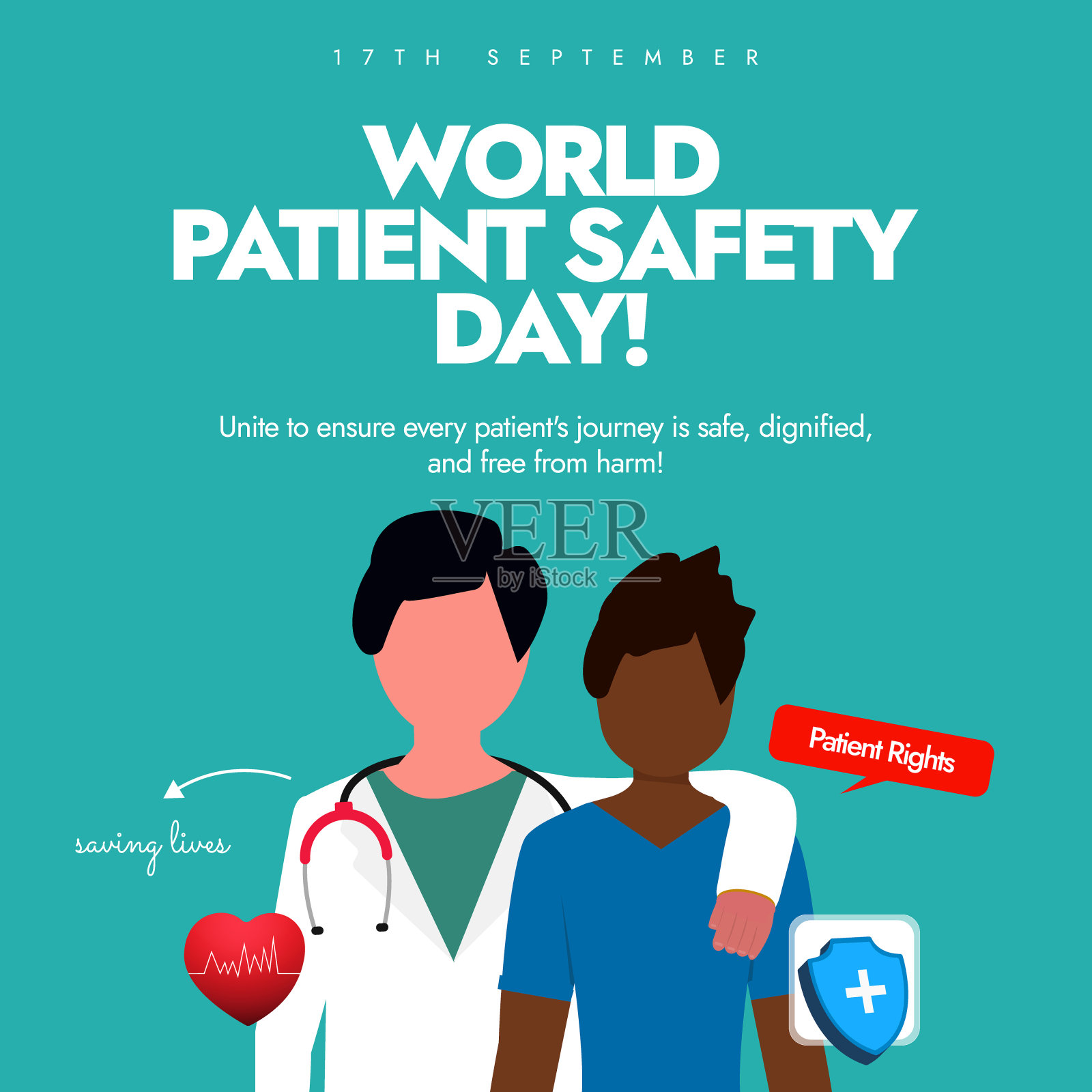 世界患者安全日。9月17日患者安全意识日社交媒体帖子，医生拥抱患者。提高患者权利意识。医院里的病人。矢量图插画图片素材