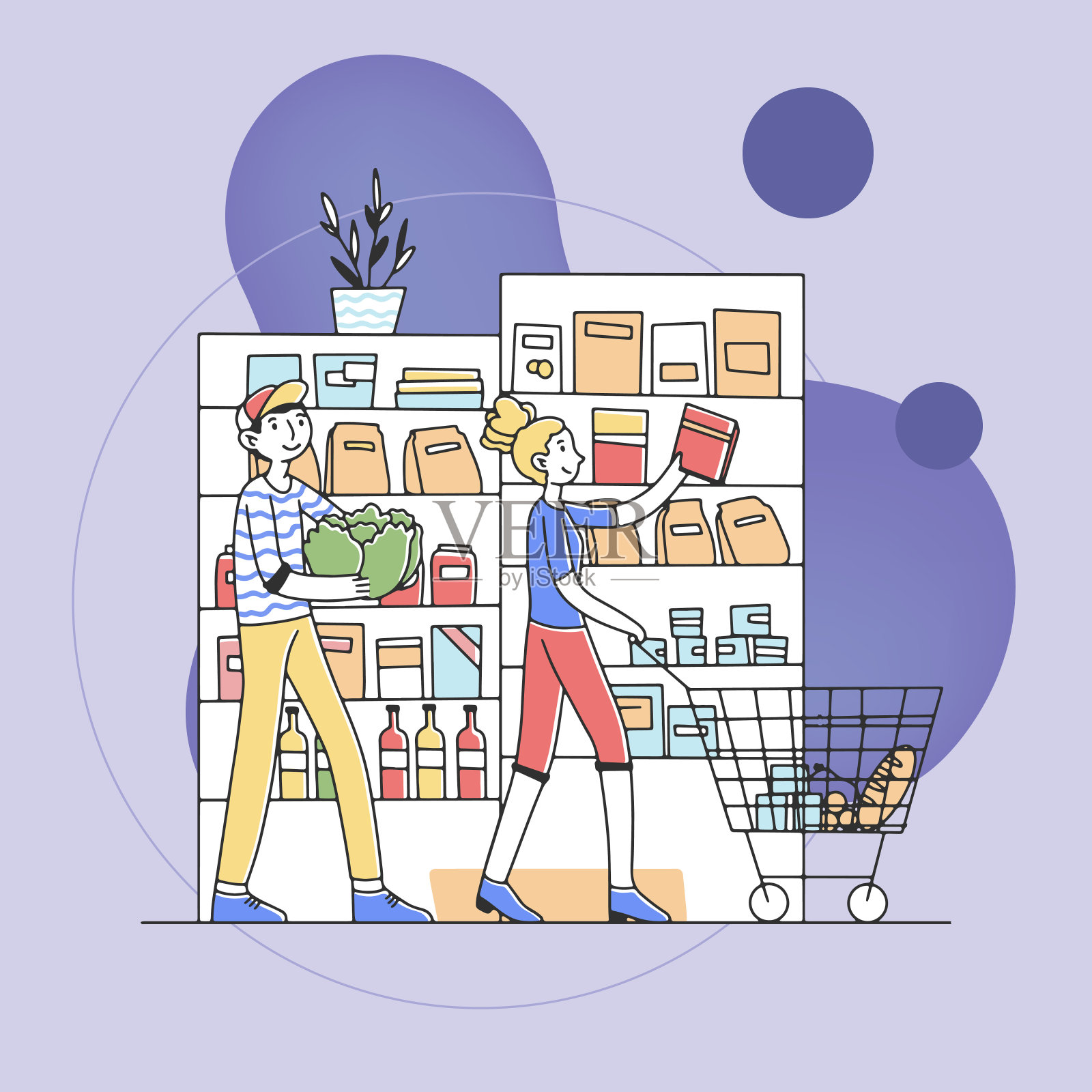 一对年轻夫妇在杂货店买东西插画图片素材