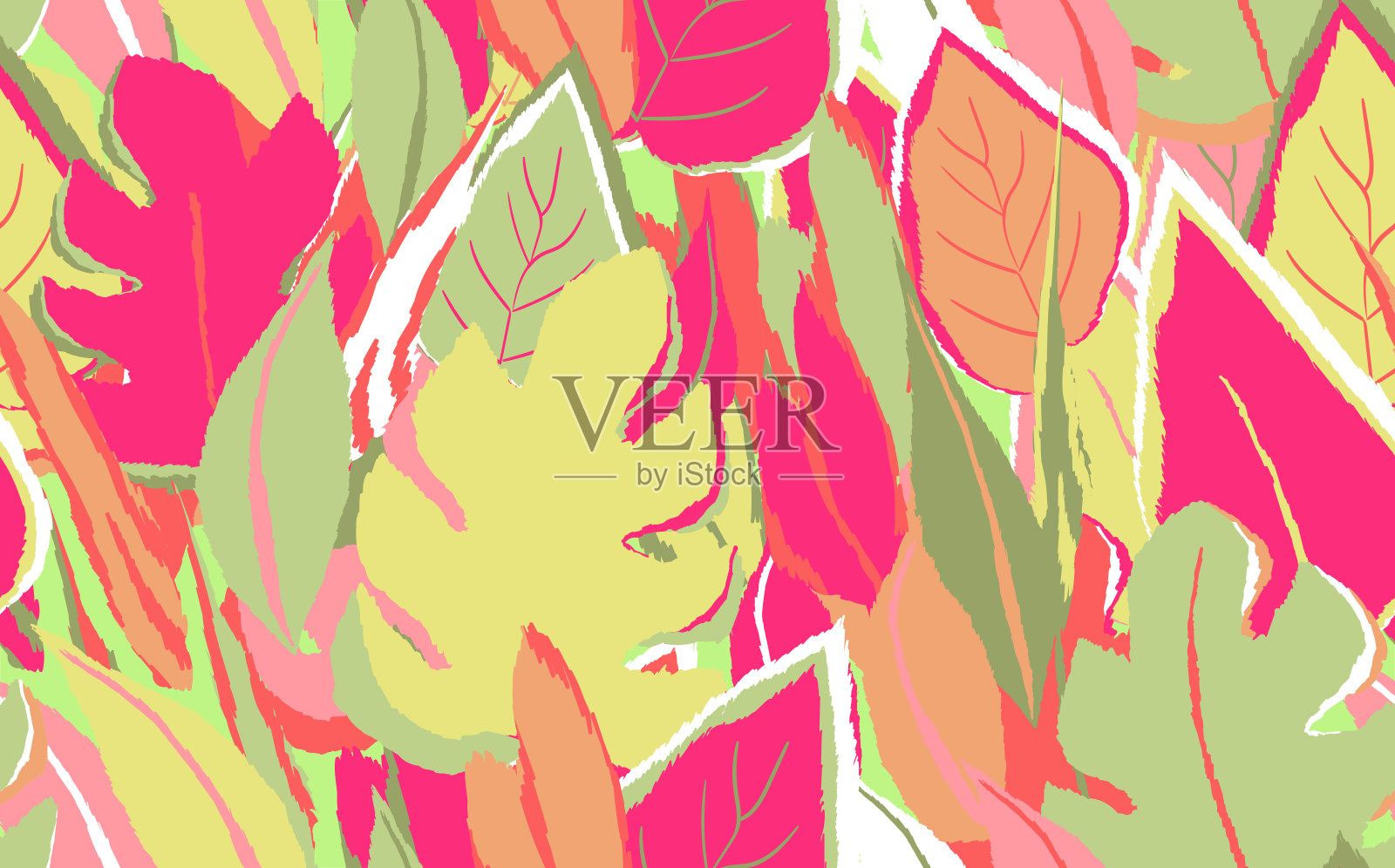 花卉无缝与手绘色彩奇异的怪物叶。可爱的夏日背景。热带分支。现代花卉构图。时尚矢量插图壁纸，织物，纺织品插画图片素材