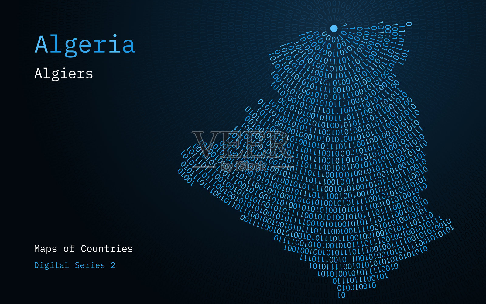 阿尔及利亚的一幅地图，用0和1画成圆形。首都阿尔及尔位于圆圈的中心插画图片素材