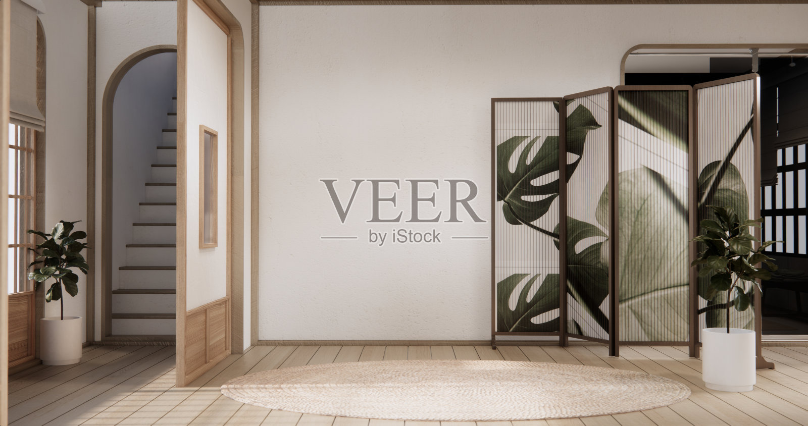 日式起居区在客厅的日式风格和装饰。照片摄影图片