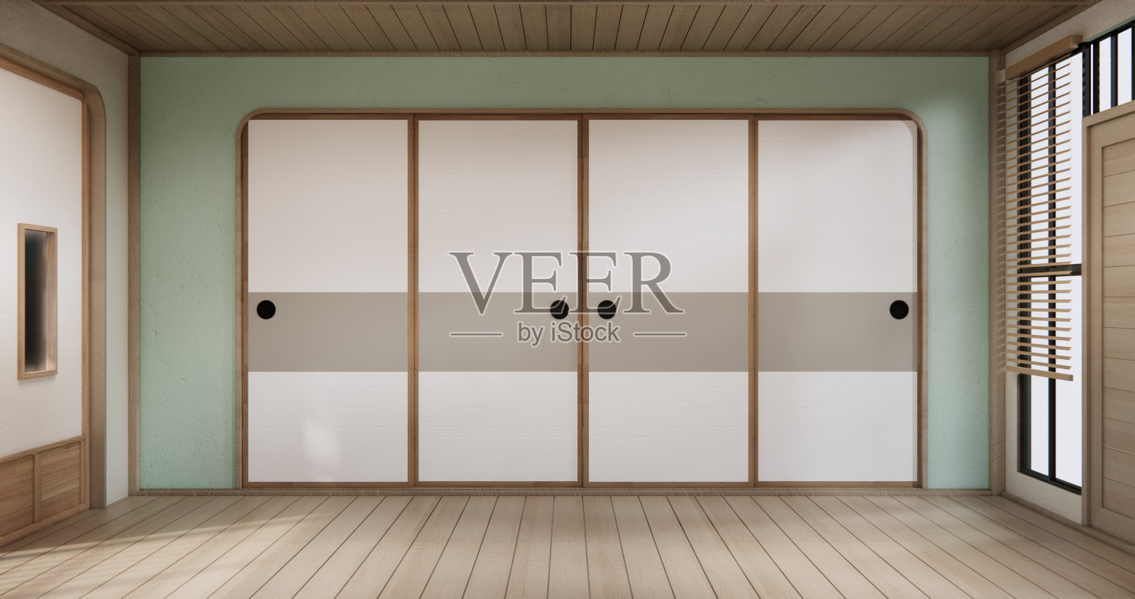 空-干净的绿色日式现代房间。照片摄影图片