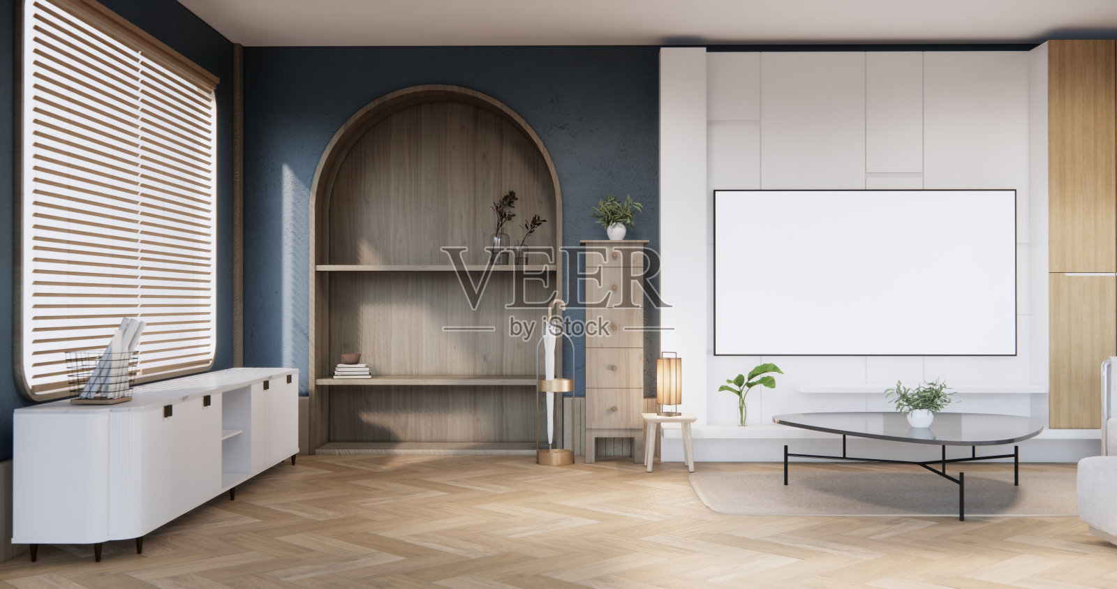 客厅壁式搁架设计上的木质现代风格。照片摄影图片