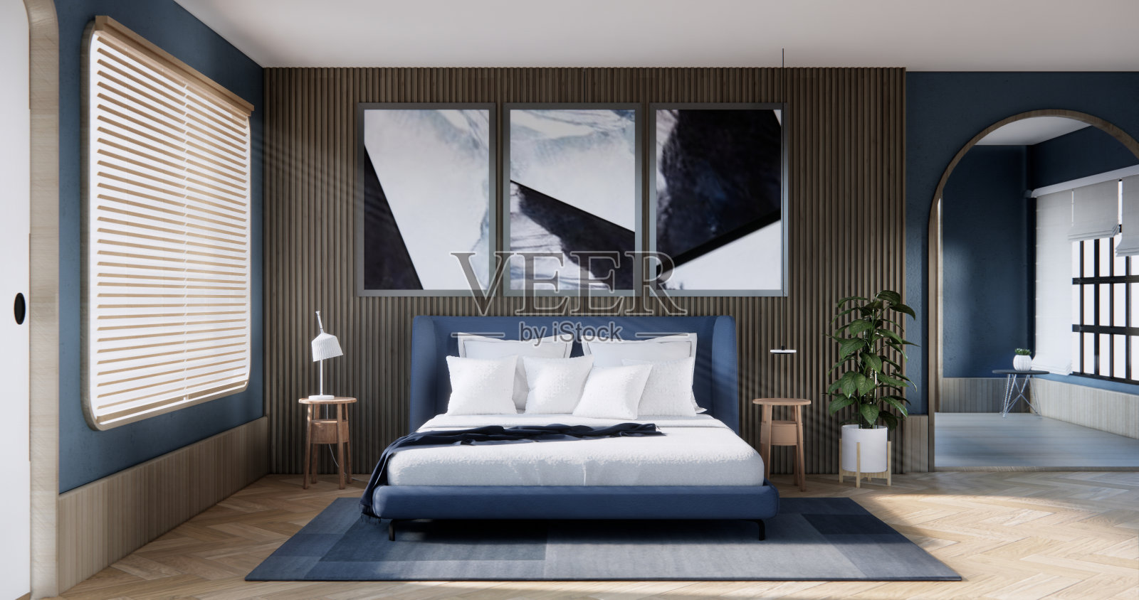 现代卧室设计与装饰在房间现代日本风格。照片摄影图片