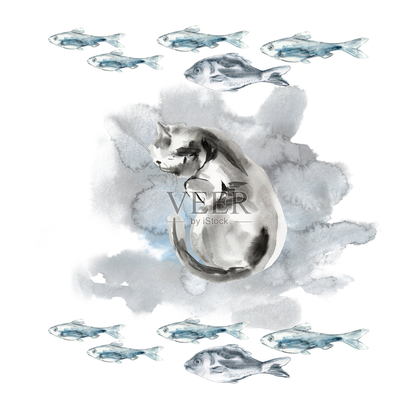 猫侧身躺着，梦见鱼。睡觉的猫和看到水里漂浮的鱼。猫在水渍的背景上蜷缩起来。边界是女仆在黑色和蓝色的猫和鱼的水彩染色。构图可以用在海报上插画图片素材