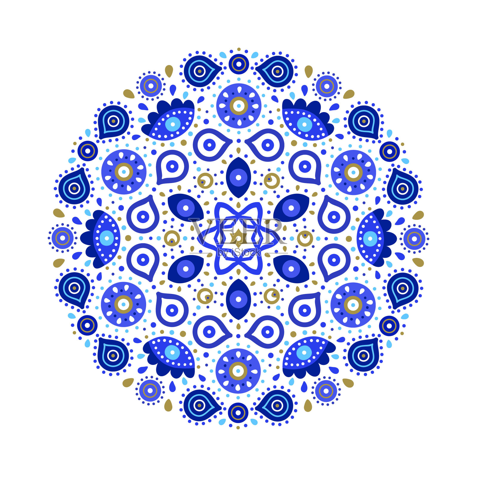 蓝色曼陀罗的土耳其邪恶的眼睛符号。民族风格的希腊防腐标志，金色细节背景。EPS 10矢量圆形印刷地毯，瑜伽垫或圆形沙滩毛巾插画图片素材
