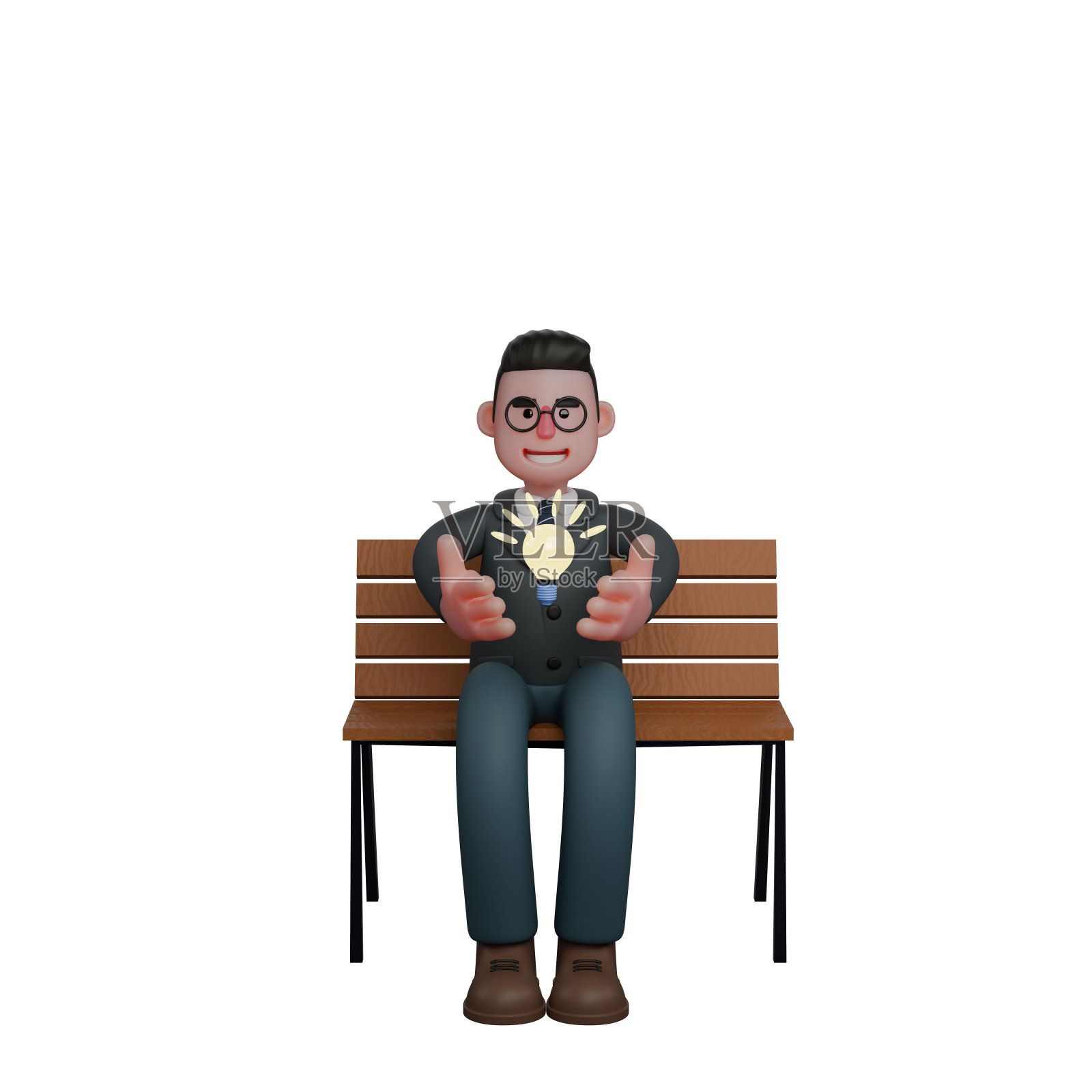 专业教师在3D。一个男人坐在公园的长椅上，伸开双臂，好像在用一个灯泡传达一个伟大的想法。男性照片摄影图片