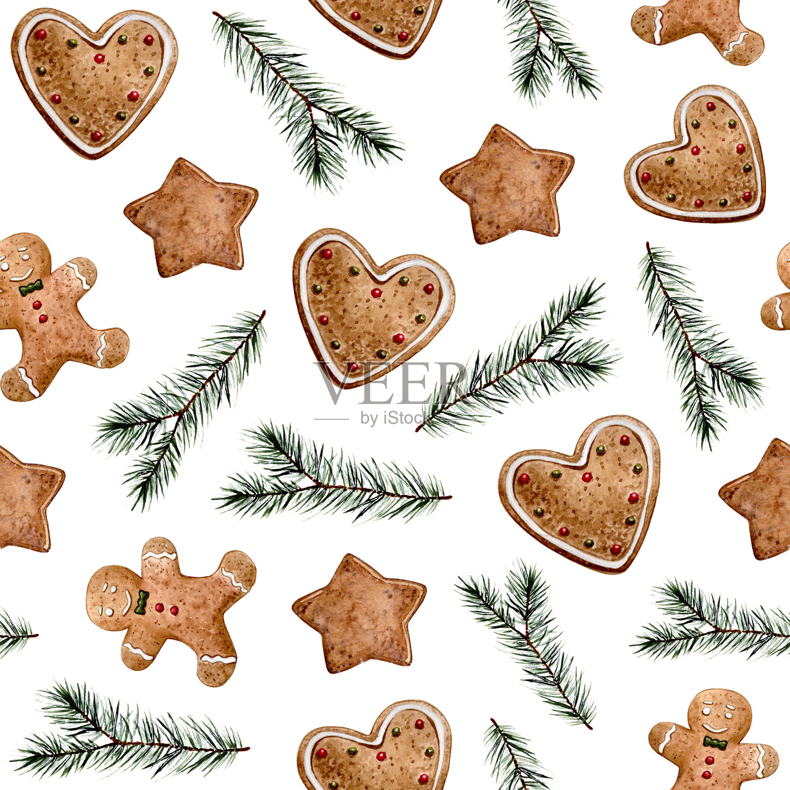 可爱的水彩图案与松枝和姜饼饼干装饰糖霜插画图片素材