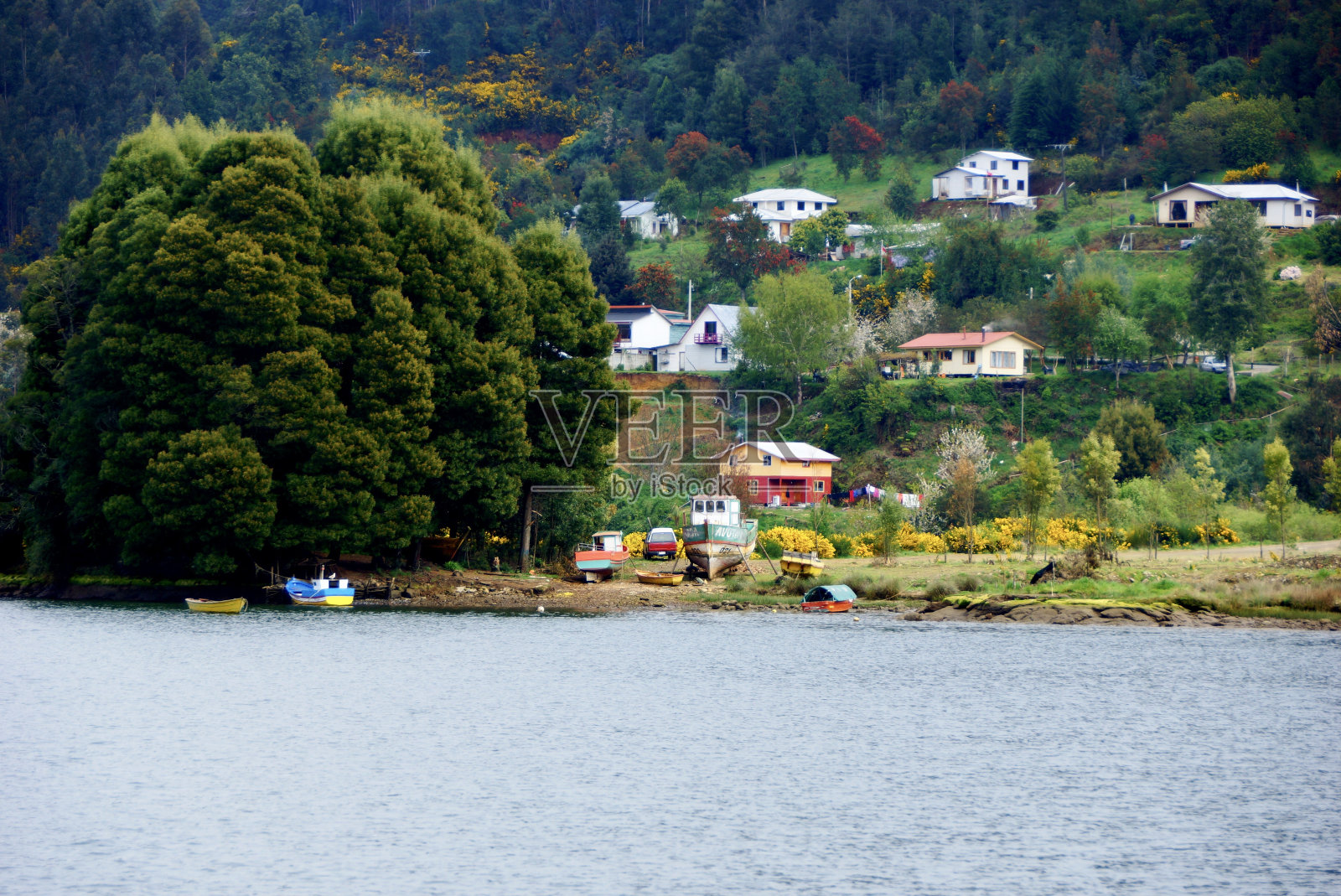 河对着城里的房子照片摄影图片