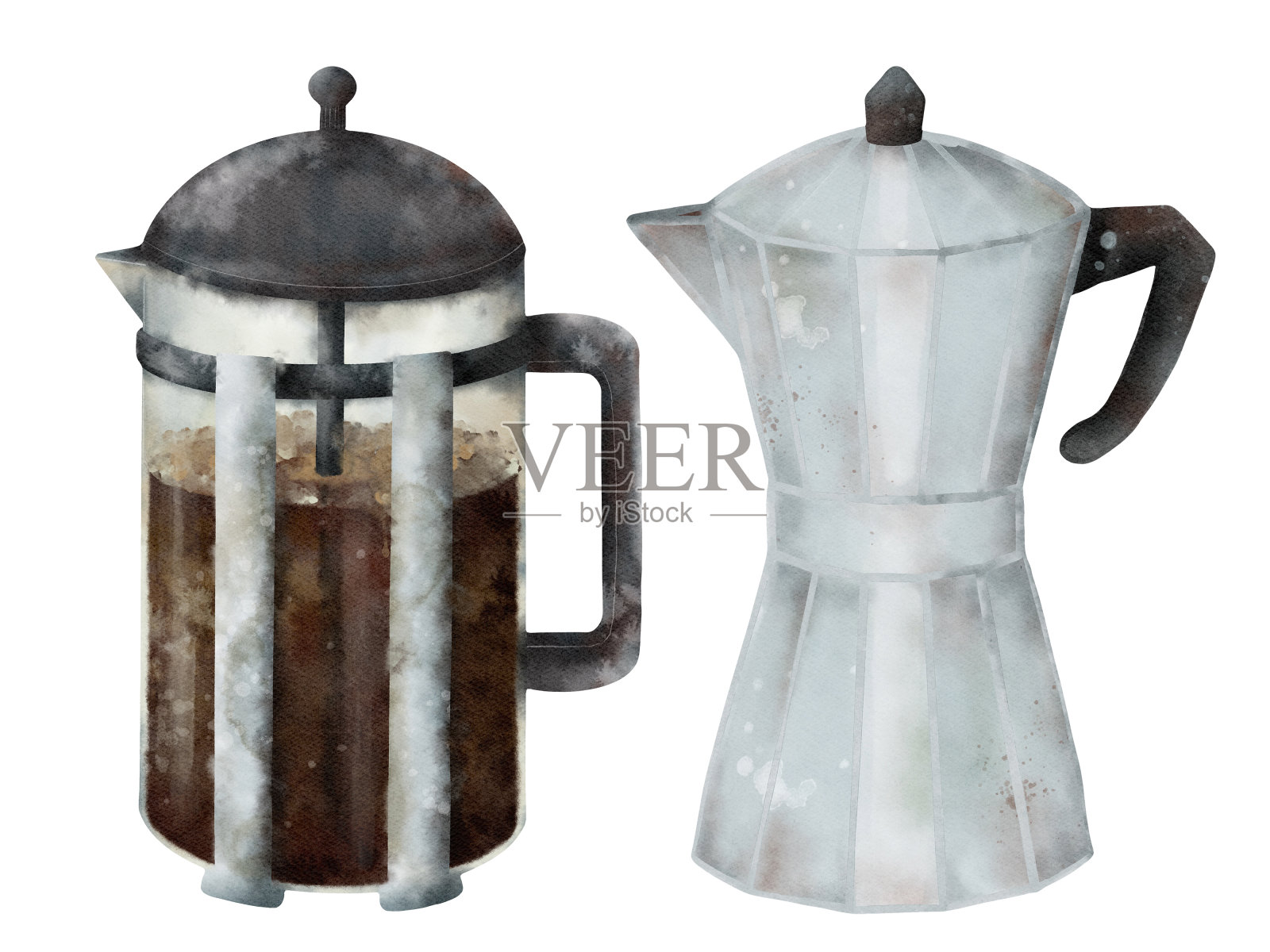 为您生活中的咖啡爱好者发现法式压壶和摩卡壶的美丽插图插画图片素材