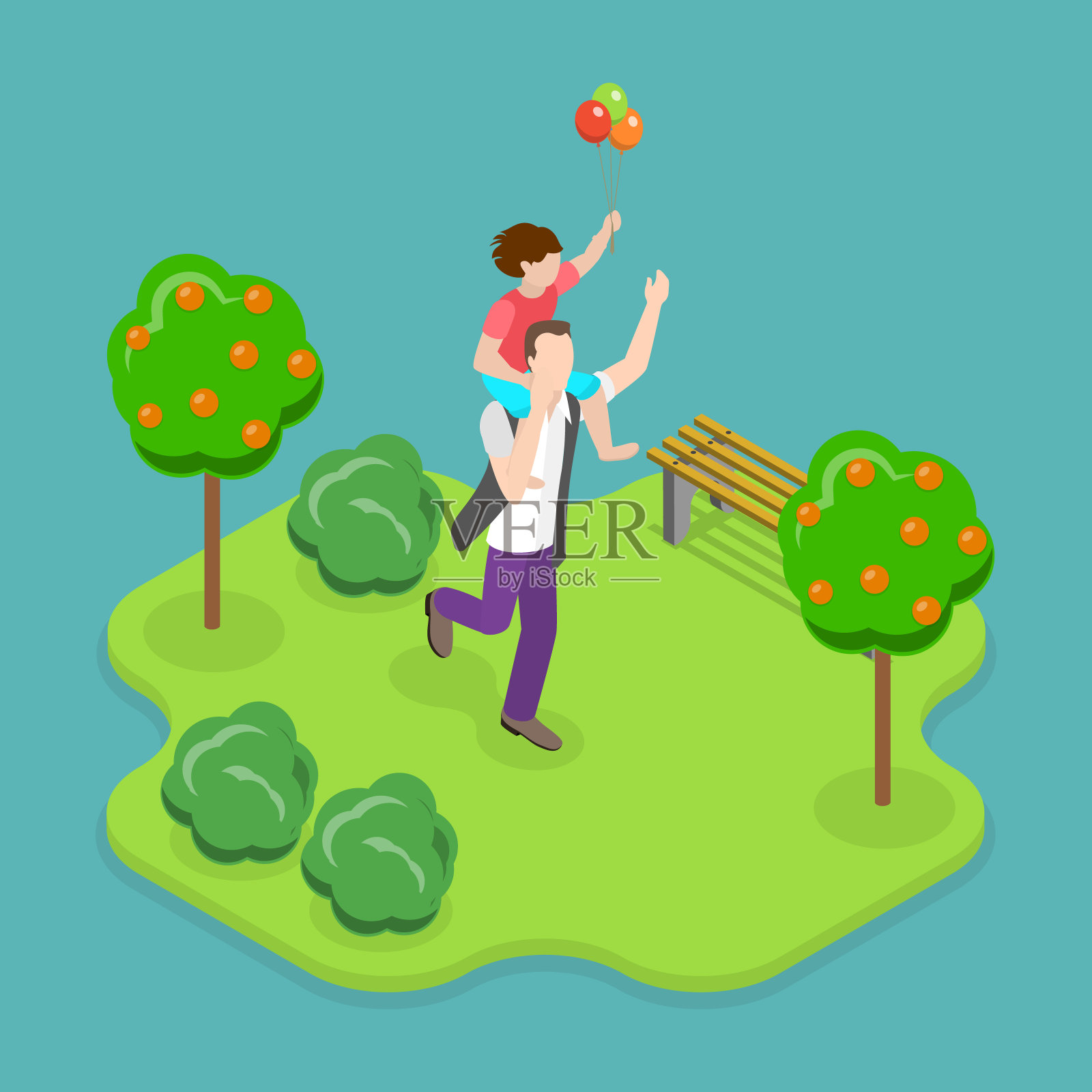 三维等距平面矢量插图快乐的父亲和儿子插画图片素材