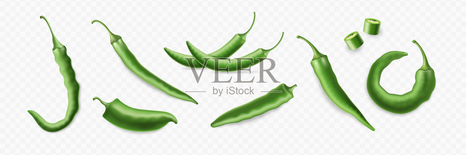 现实的绿色辣椒辣椒集。红辣椒，整片，切片，透明背景。插画图片素材
