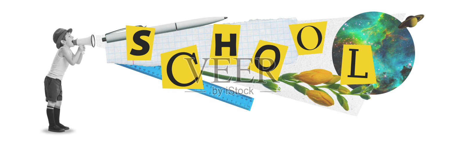 海报。当代艺术拼贴。可爱的小男孩，学生，对着扩音器喊着“学校”这个词。负空间。回到学校。照片摄影图片