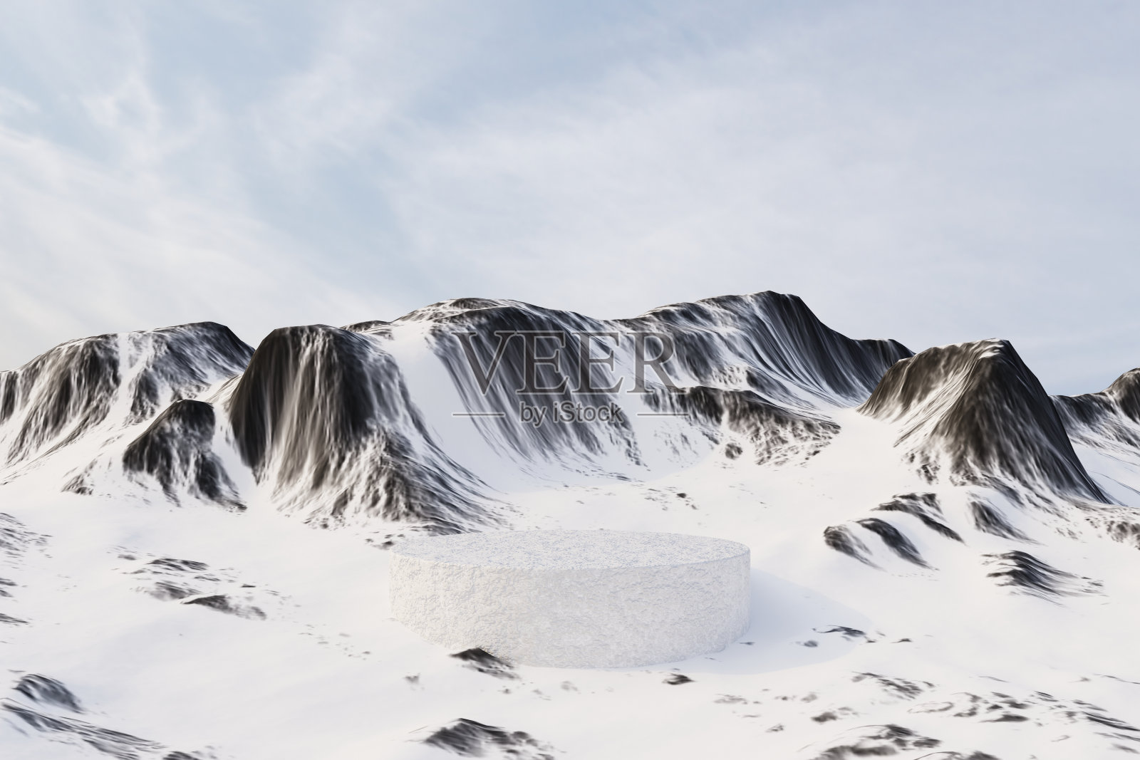 3d渲染冬季平台和自然模型背景，冰雪山上的石头讲台，背景天空和云用于产品展示，广告，化妆品护肤等照片摄影图片