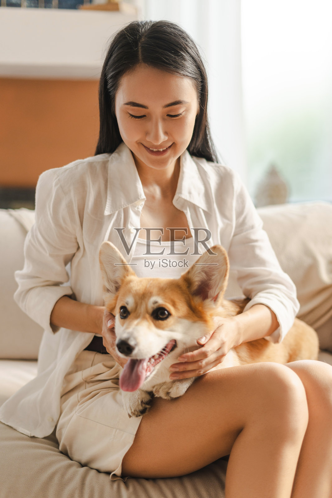 年轻的亚洲女子在家里的沙发上放松，抚摸着她可爱的柯基狗照片摄影图片