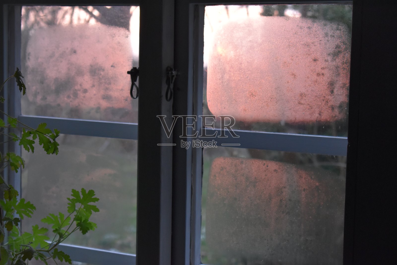 余烬的夕阳落在凝结的窗户上。照片摄影图片