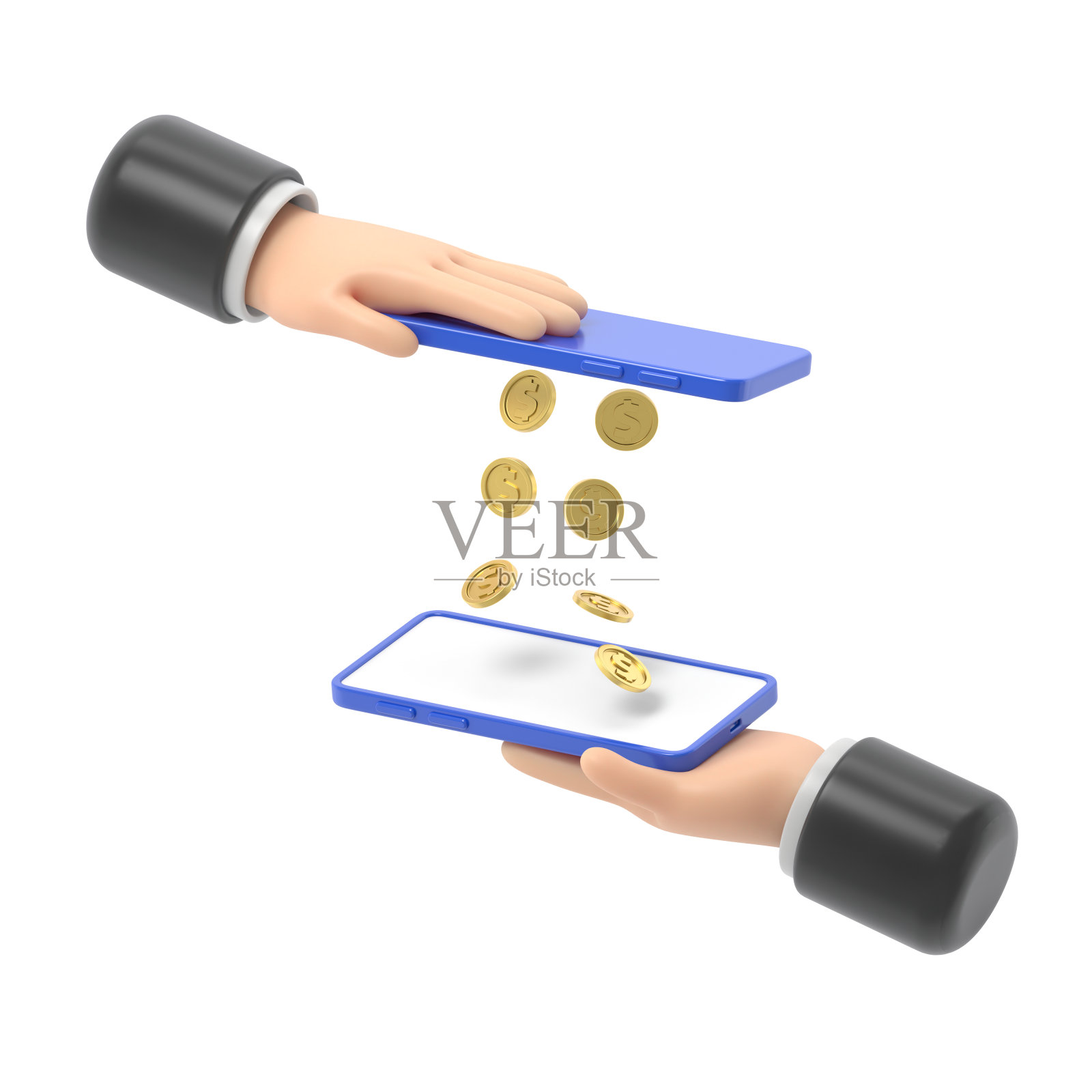 移动支付转账平面3d等距等距金融交易概念web 3d插图。硬币从一个智能手机落在另一个智能手机上。创意人士的收藏。照片摄影图片