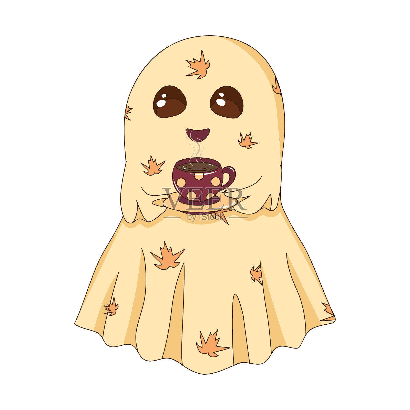 一个可爱的鬼魂在享受一杯热茶插画图片素材