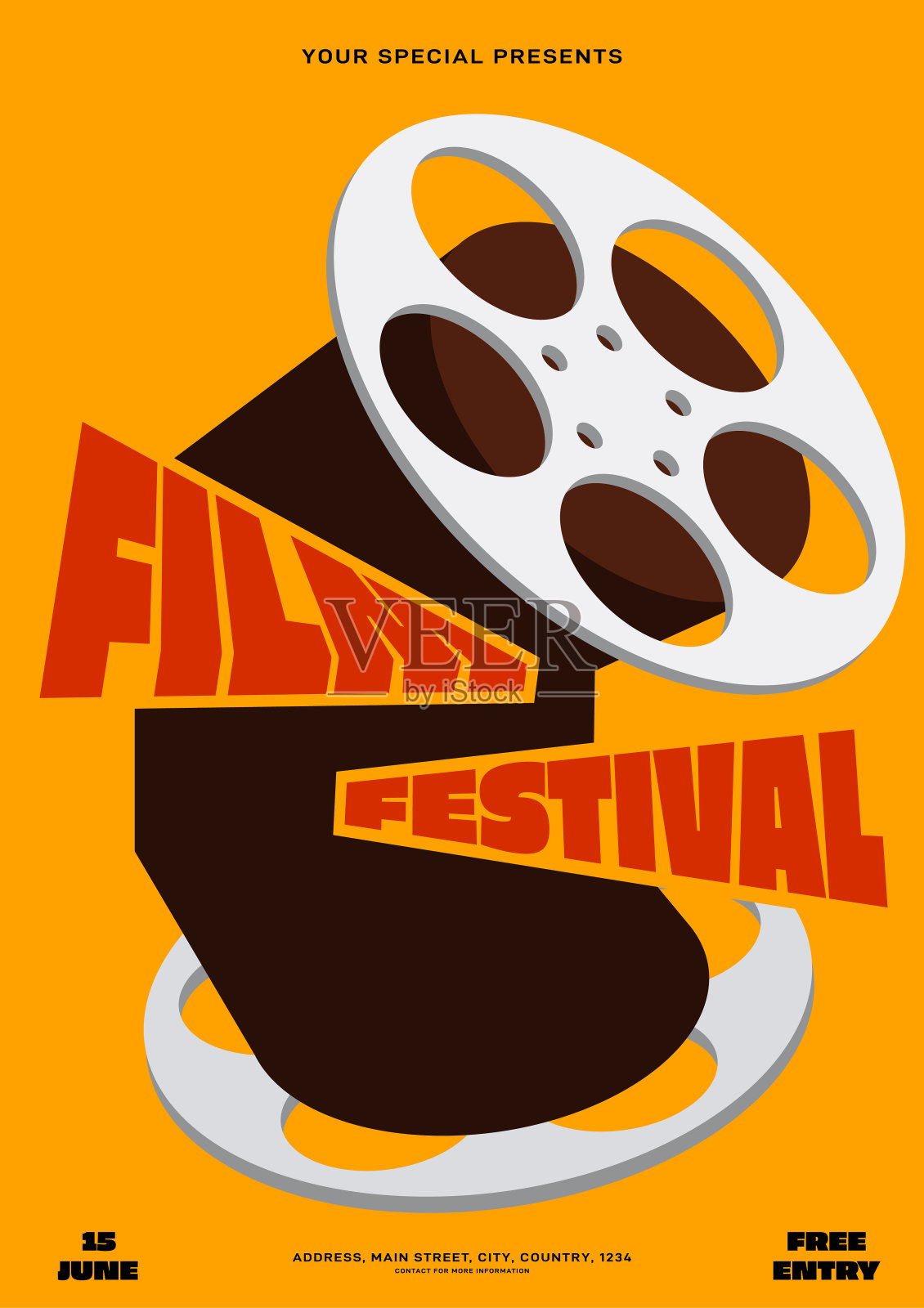 抽象等距胶片卷轴复古复古风格孤立在黄色背景。电影和电影节海报设计模板插画图片素材