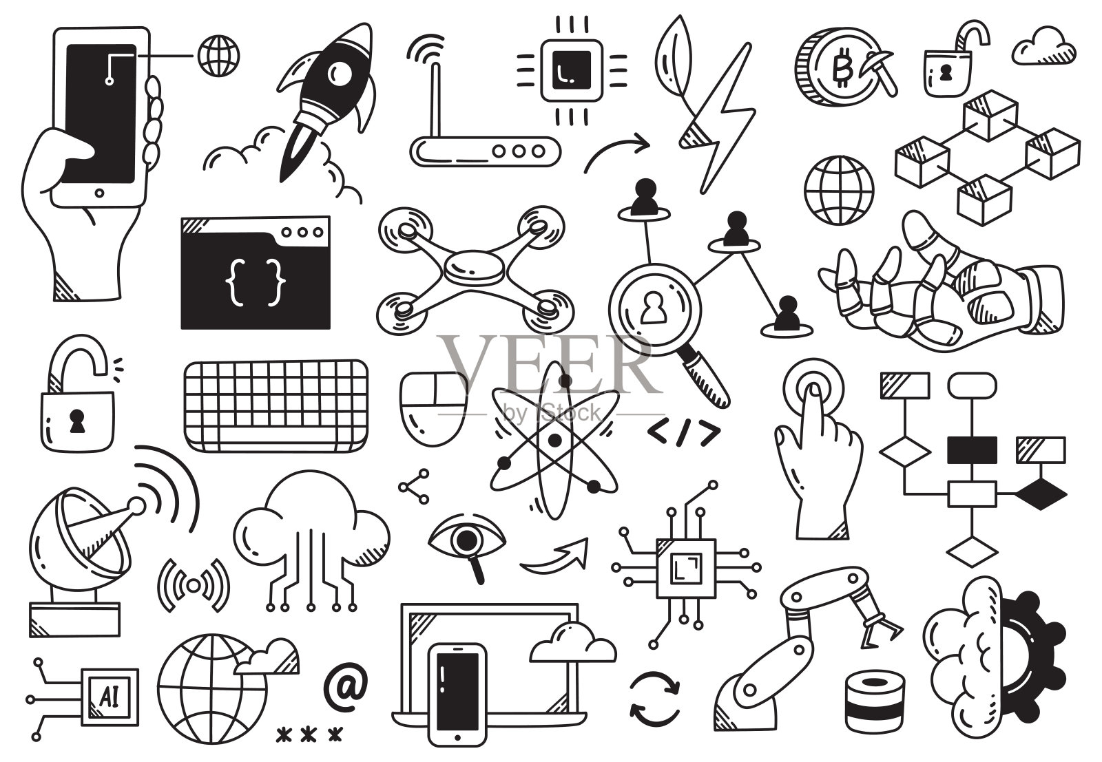 手绘技术和创新涂鸦图标集|机器人，人工智能，区块链和数字概念的矢量插图插画图片素材
