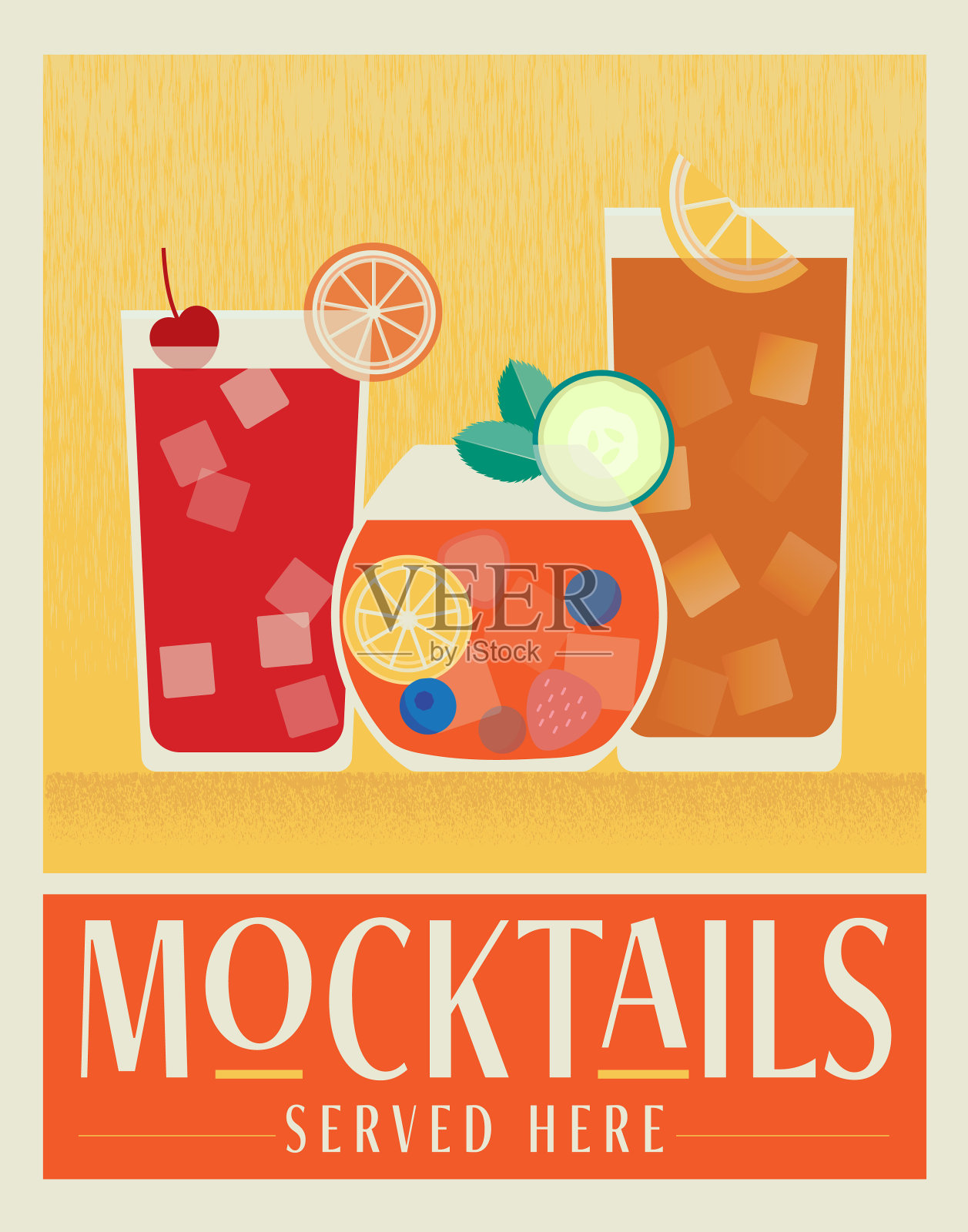 复古的无尾鸡尾酒在这里供应饮料与水果装饰海报设计模板与排版插画图片素材