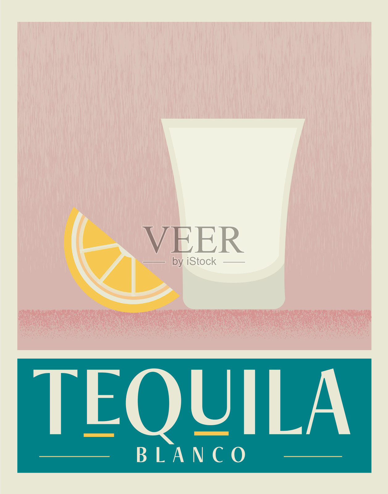 复古龙舌兰白兰地在一个小玻璃杯与柠檬饮料楔形鸡尾酒海报设计模板与排版插画图片素材